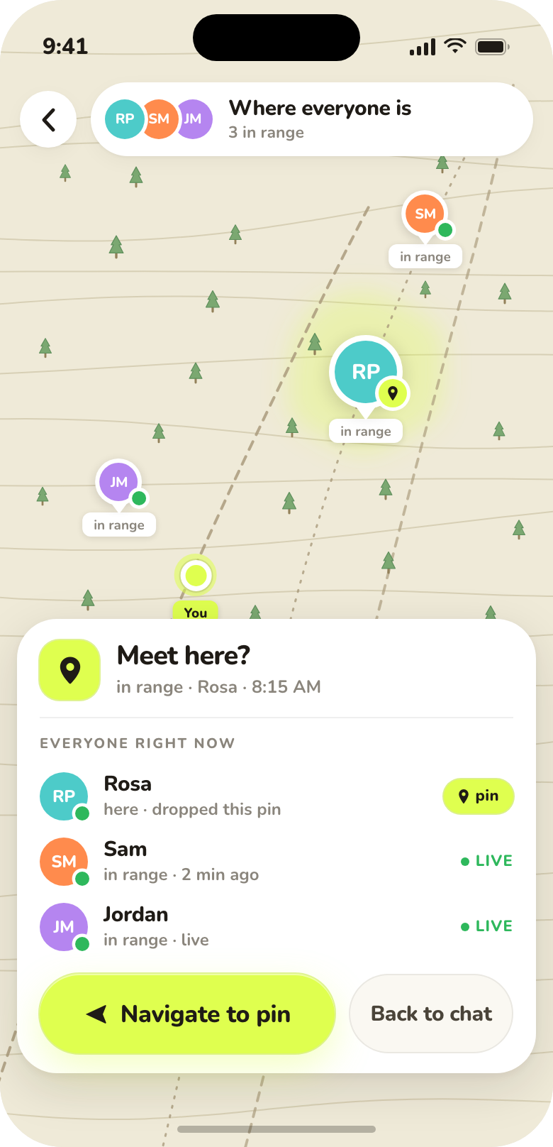 App design: a map showing where each crew member is, listed as in range, with a tapped pin for the meeting spot.